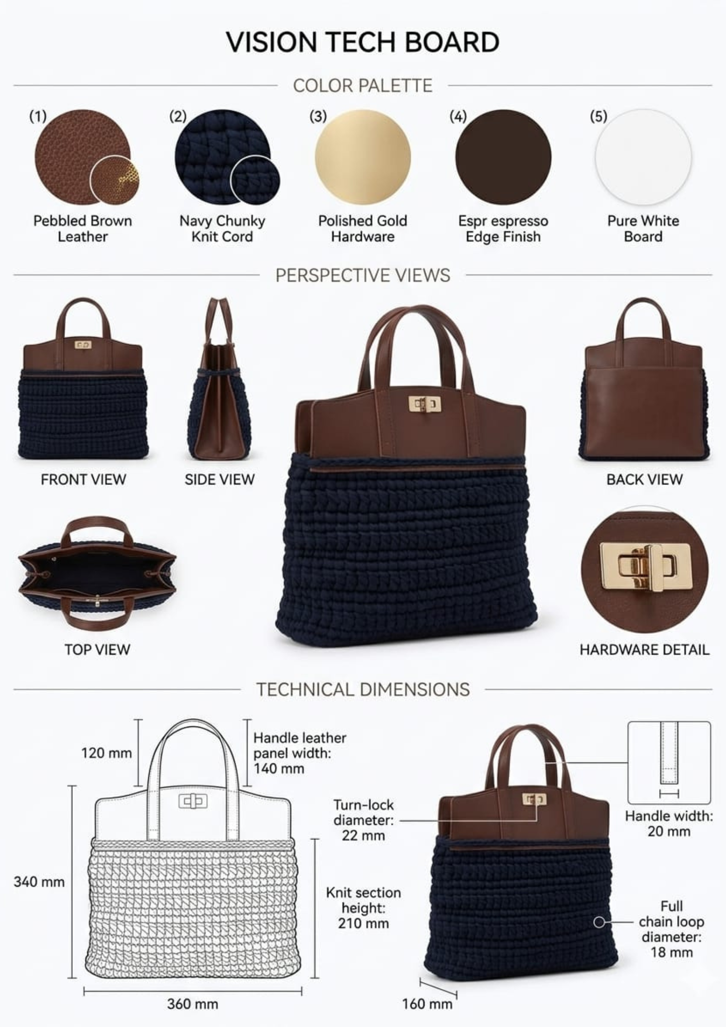 Handmade Crochet Tote Bag with Faux Leather Top Handle