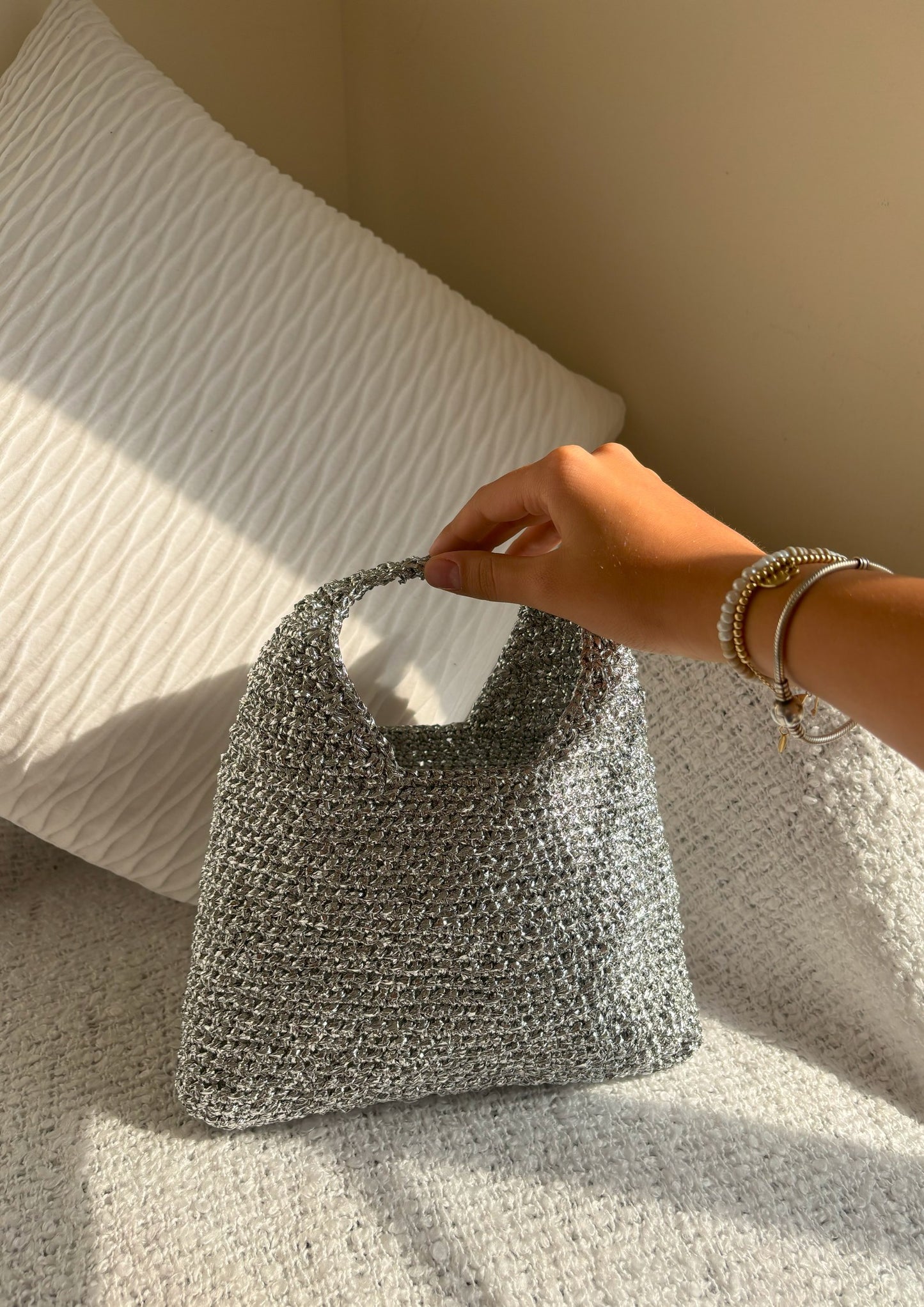 Silver Raffia Bag – Medium Open Tote