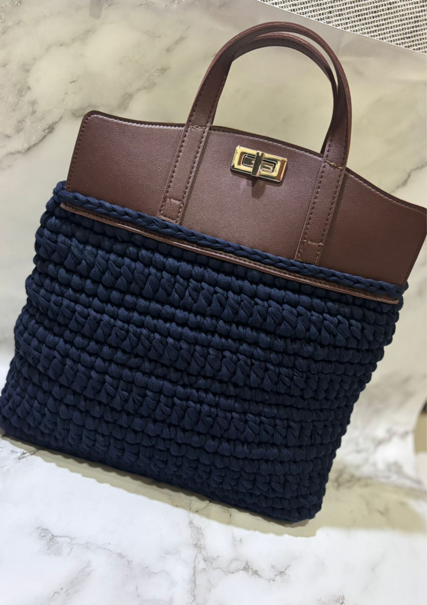 Handmade Crochet Tote Bag with Faux Leather Top Handle