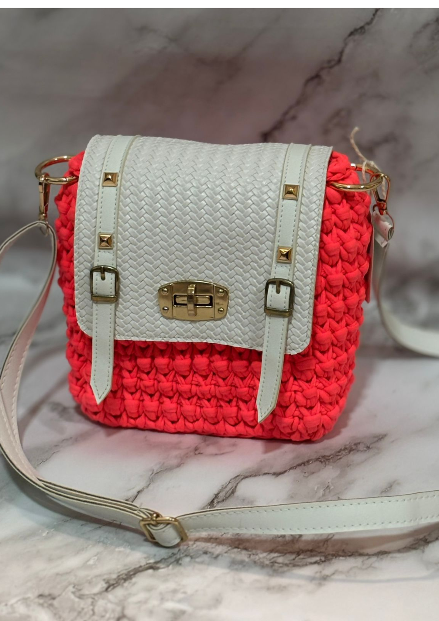 Ceelo Charmz Handcrafted Crochet Crossbody Bag – Coral Red & Ivory