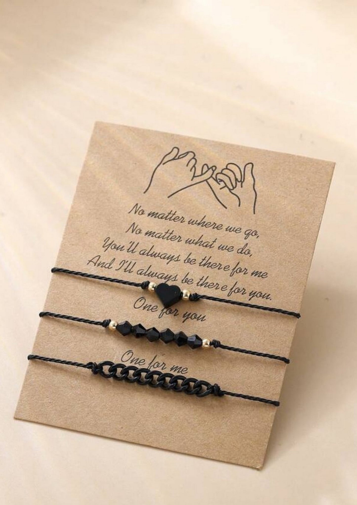 Heart & Beads Bracelet Set – 3-Piece Black Cord