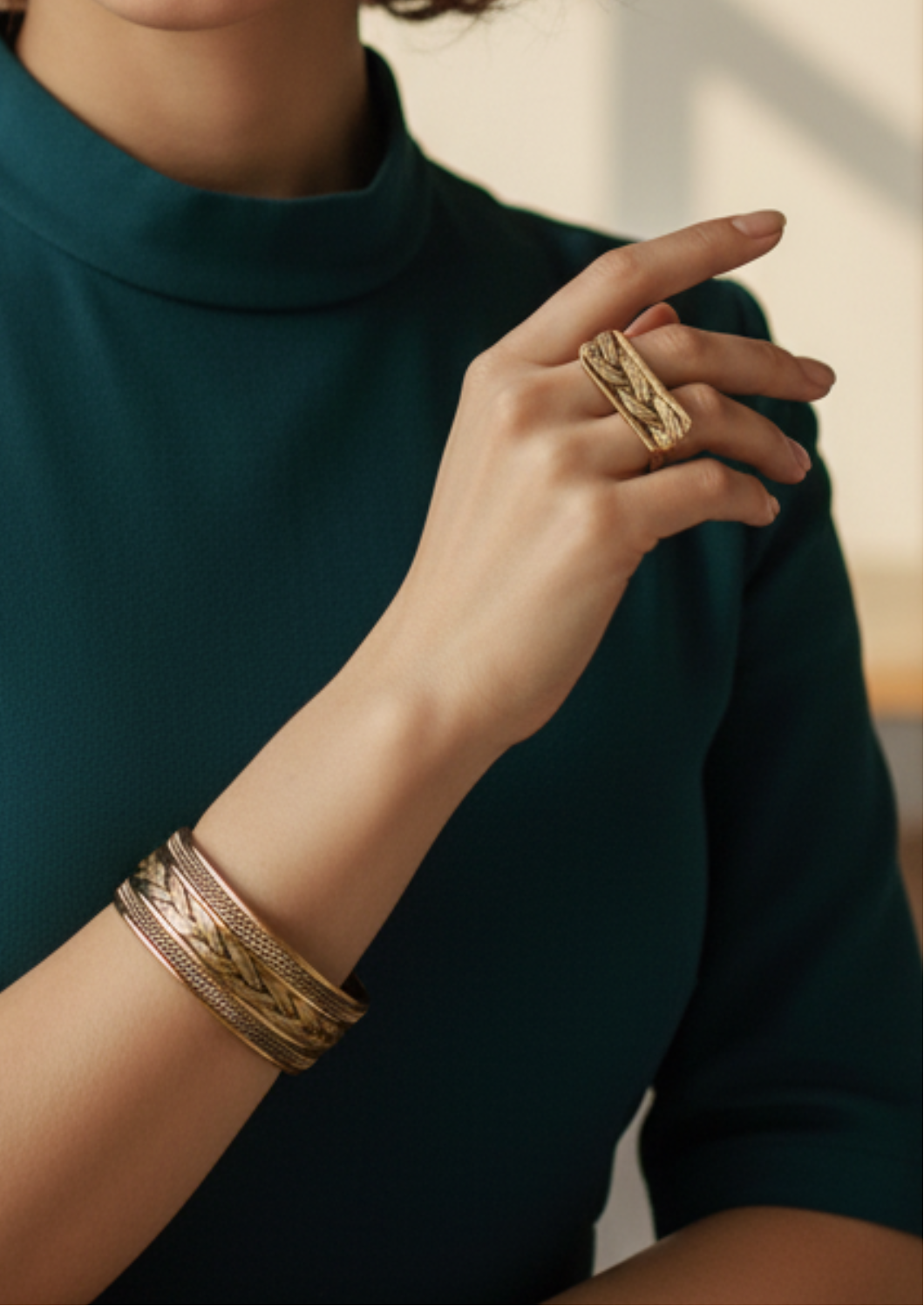 Handmade Pure Copper Jewelry Set – Braided Bangle and Wide Ring for Women, Vintage Boho Design