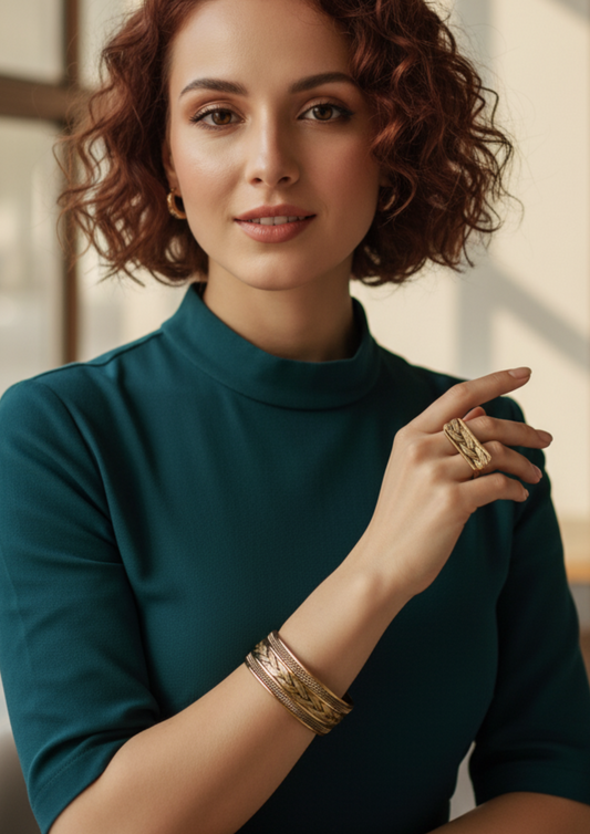 Handmade Pure Copper Jewelry Set – Braided Bangle and Wide Ring for Women, Vintage Boho Design