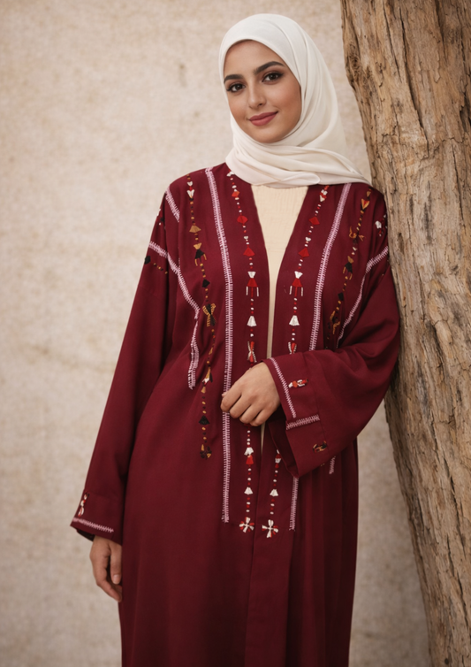 Shali Siwa Mixed Linen Abaya – Hand-Embroidered in Siwa Oasis