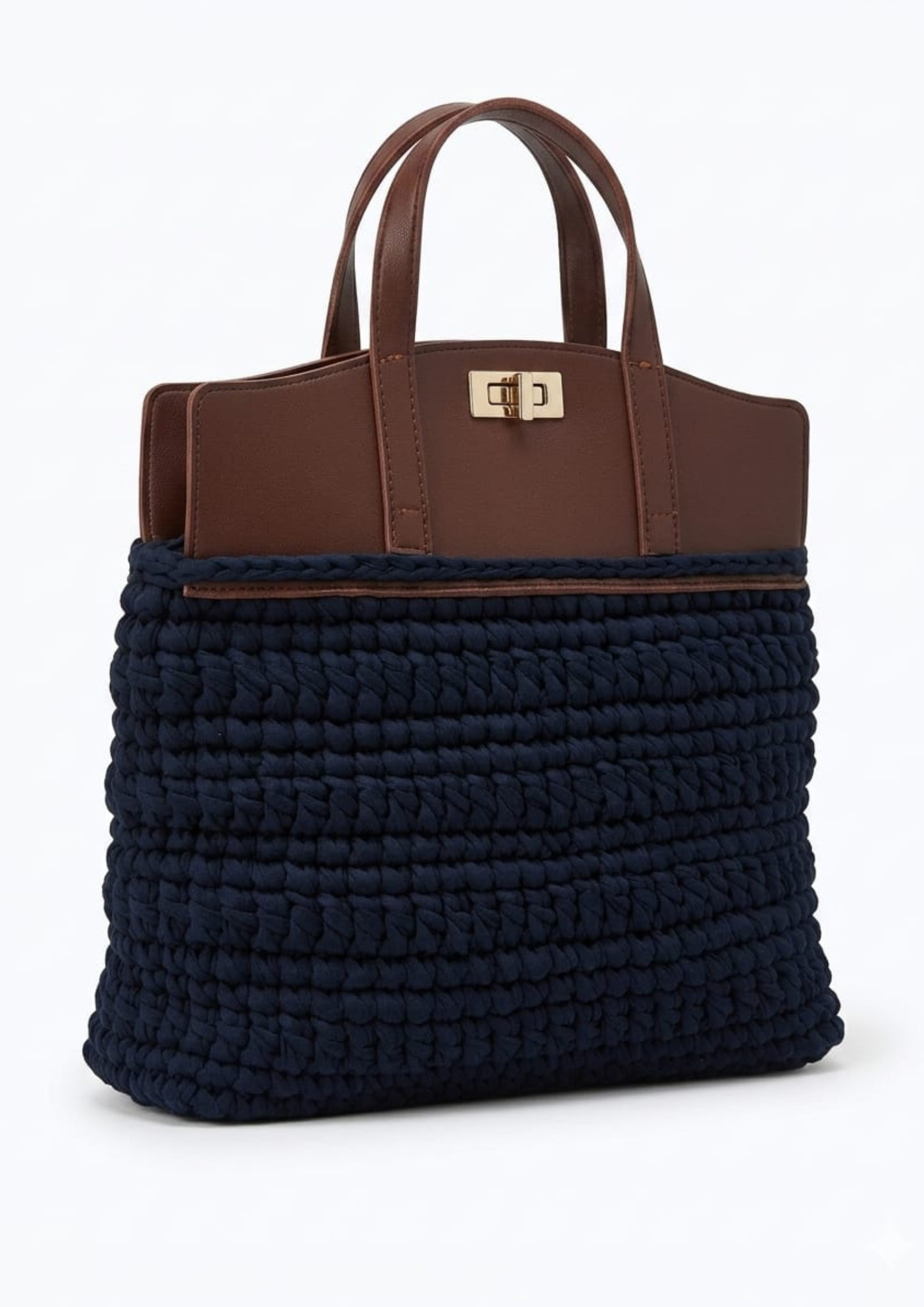 Handmade Crochet Tote Bag with Faux Leather Top Handle