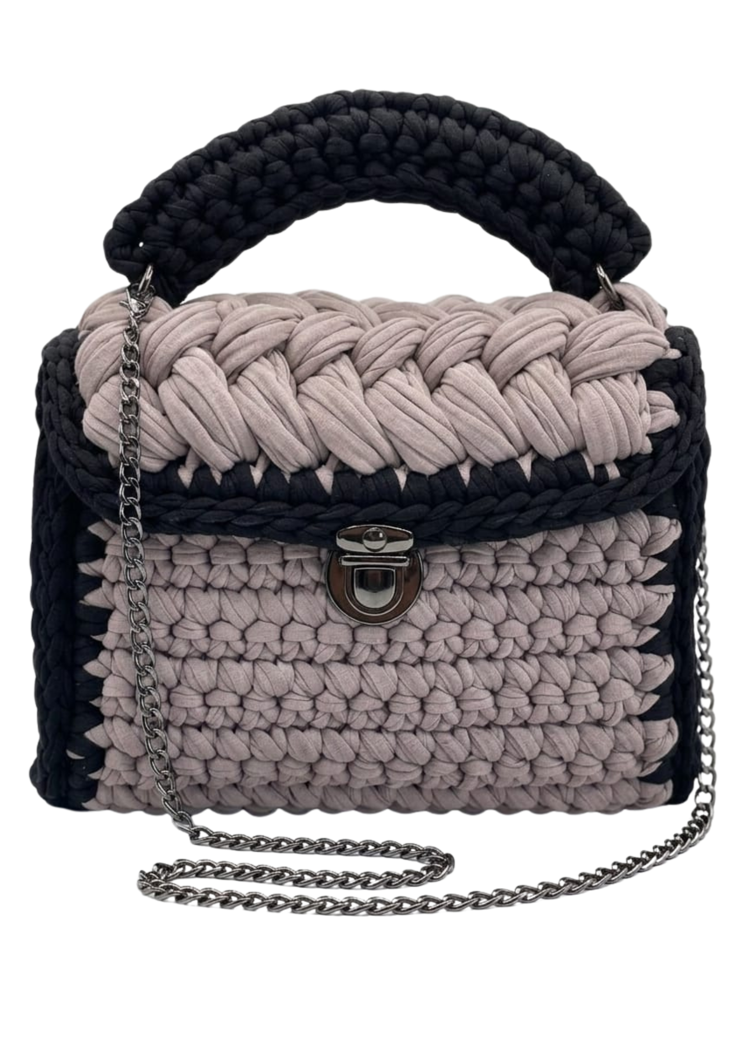CeeLo Charmz Handwoven Crochet Top Handle Bag – Mauve Taupe & Black
