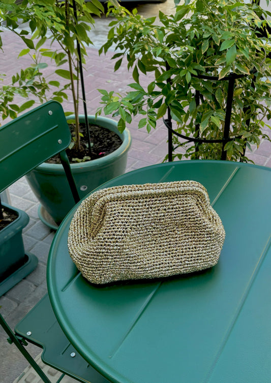 Golden Raffia Clutch – Metal Clasp Closure