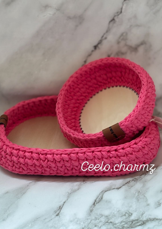 Pink Macramé Storage Set – Handmade Crochet Baskets with Wooden Base