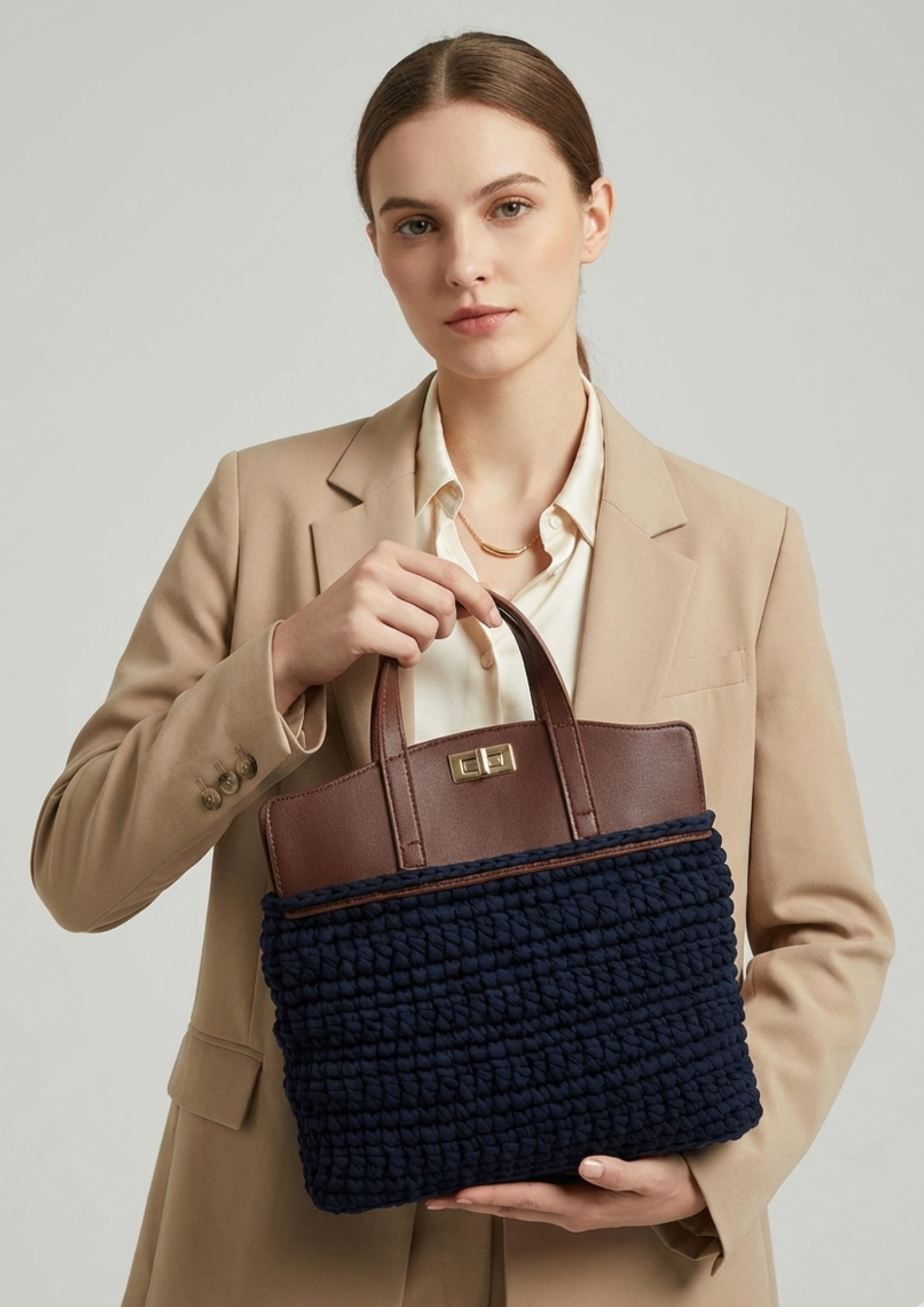 Handmade Crochet Tote Bag with Faux Leather Top Handle