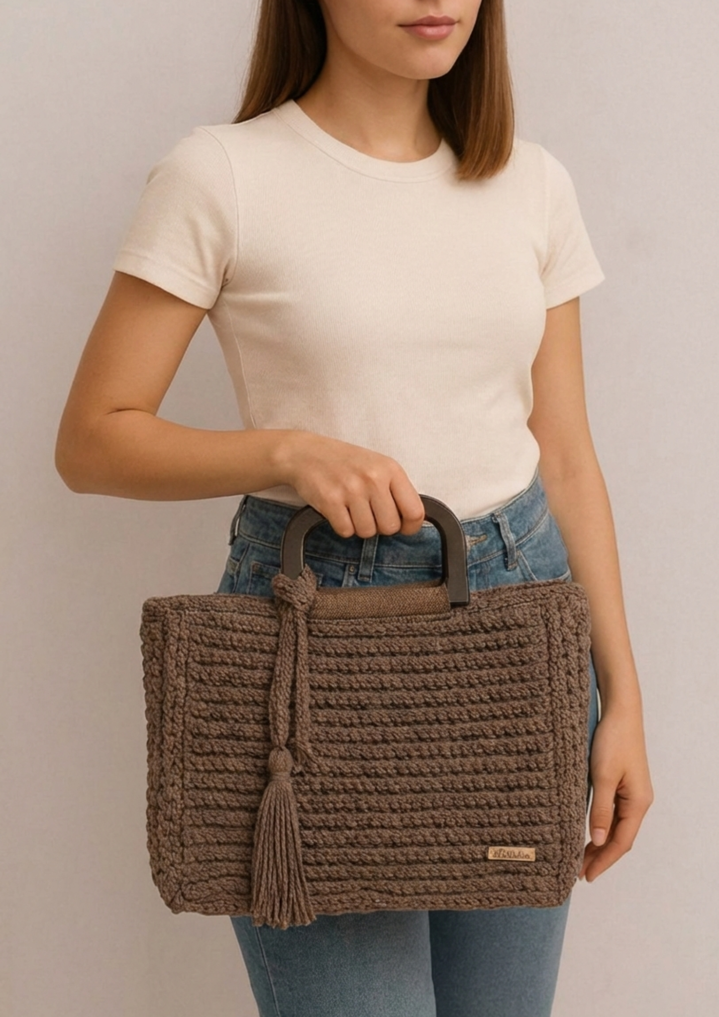 Handmade Crochet Tote Bag with Wooden Handles