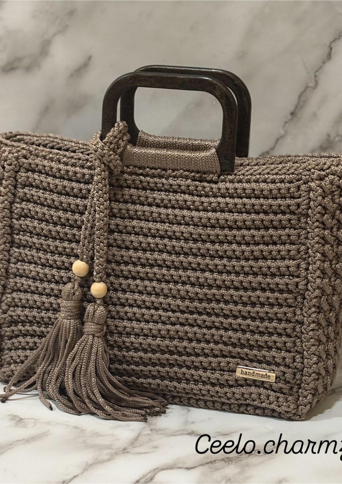 Handmade Crochet Tote Bag with Wooden Handles