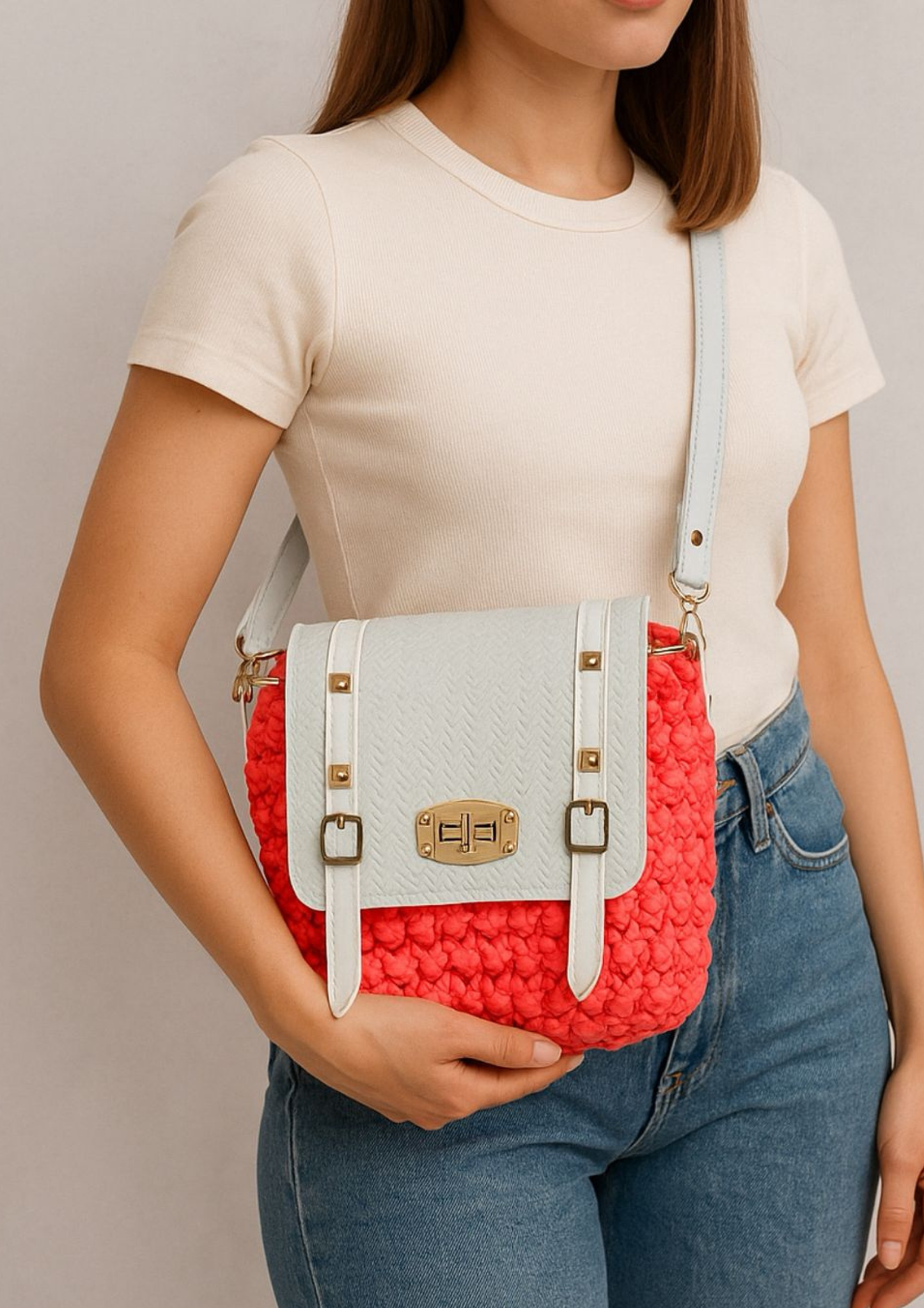 Ceelo Charmz Handcrafted Crochet Crossbody Bag – Coral Red & Ivory