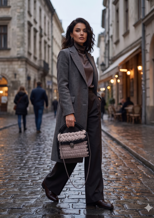 CeeLo Charmz Handwoven Crochet Top Handle Bag – Mauve Taupe & Black