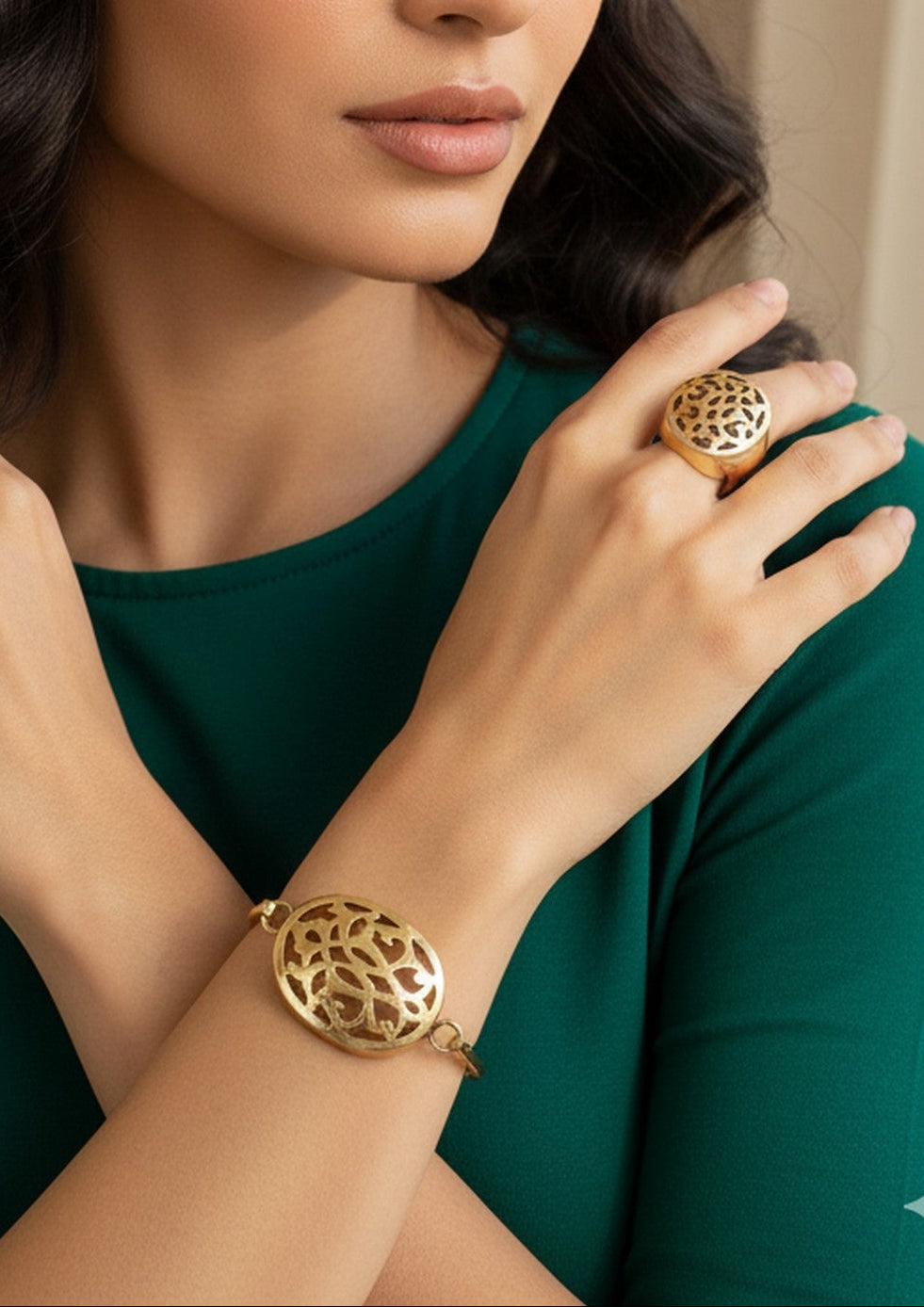 Handmade Pure Copper Jewelry Set – Engraved Bangle and Ring with Vintage Cut-Out Design for Women