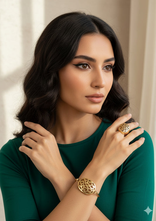 Handmade Pure Copper Jewelry Set – Engraved Bangle and Ring with Vintage Cut-Out Design for Women