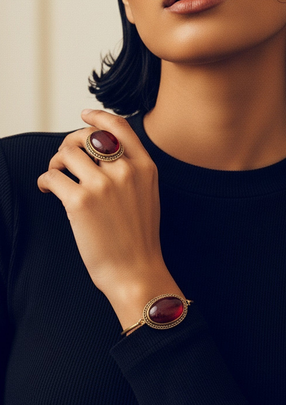 Handmade Pure Copper Jewelry Set – Vintage Bangle and Ring with Maroon Oval Stone for Women