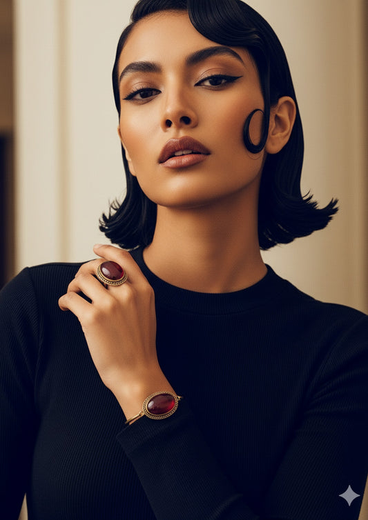 Handmade Pure Copper Jewelry Set – Vintage Bangle and Ring with Maroon Oval Stone for Women