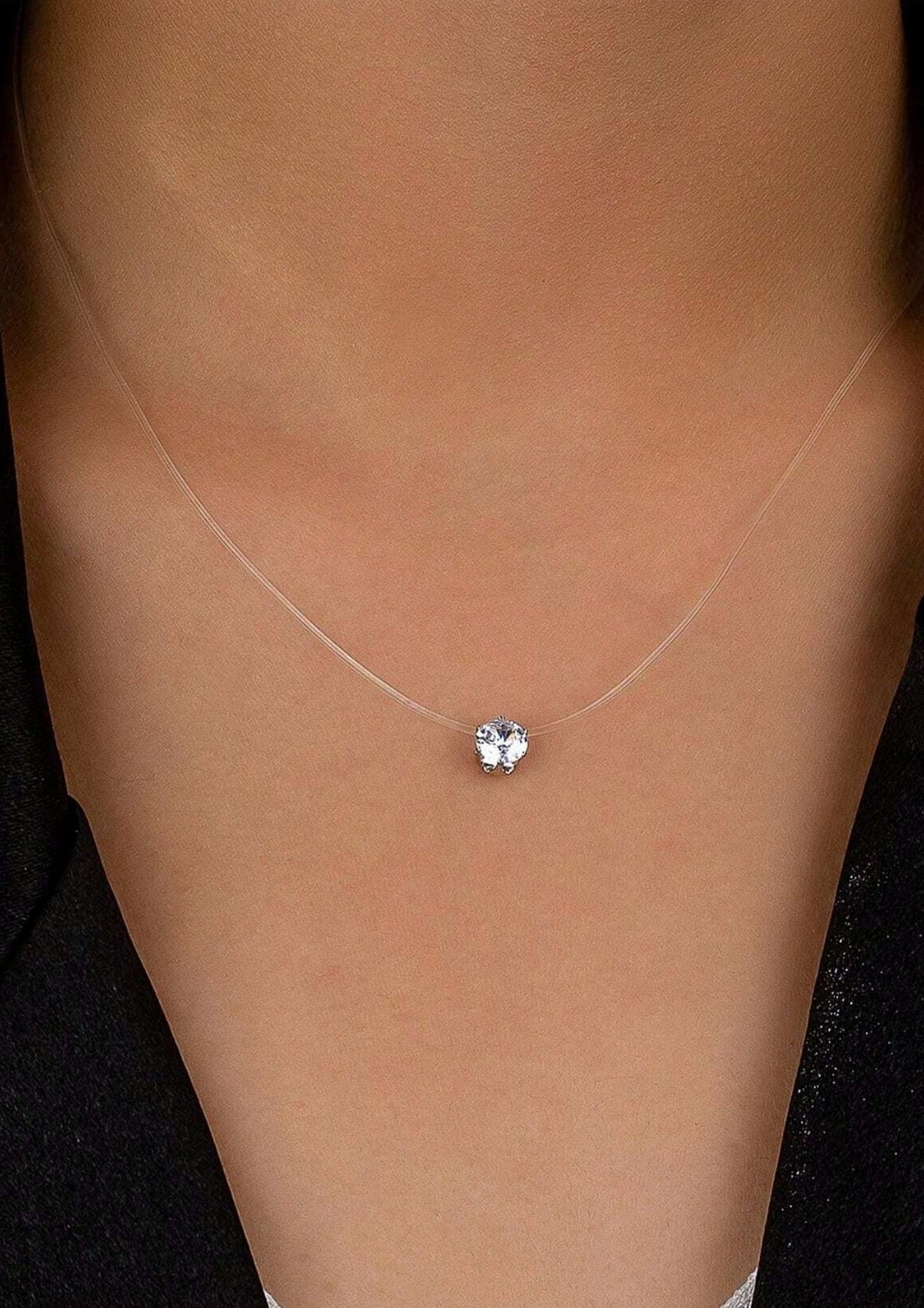 Round Cubic Zirconia Necklace – Minimalist Transparent Cord