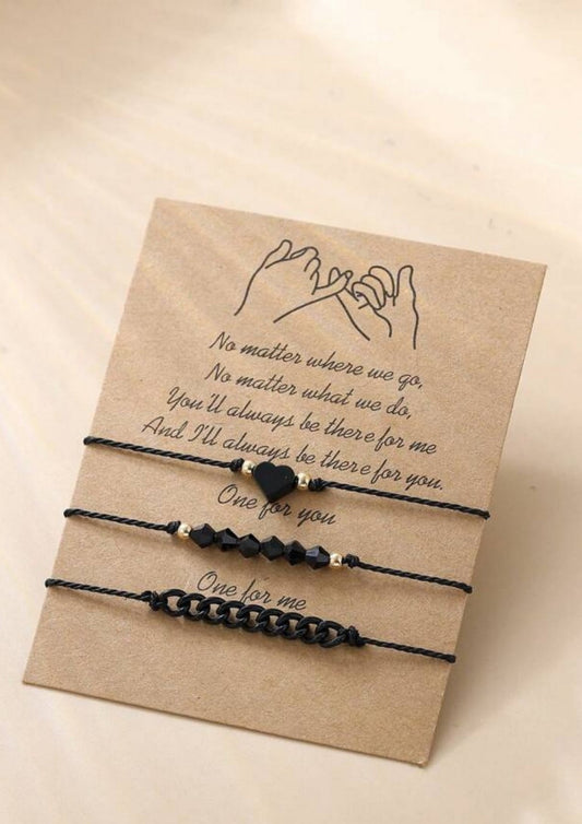 Heart & Beads Bracelet Set – 3-Piece Black Cord